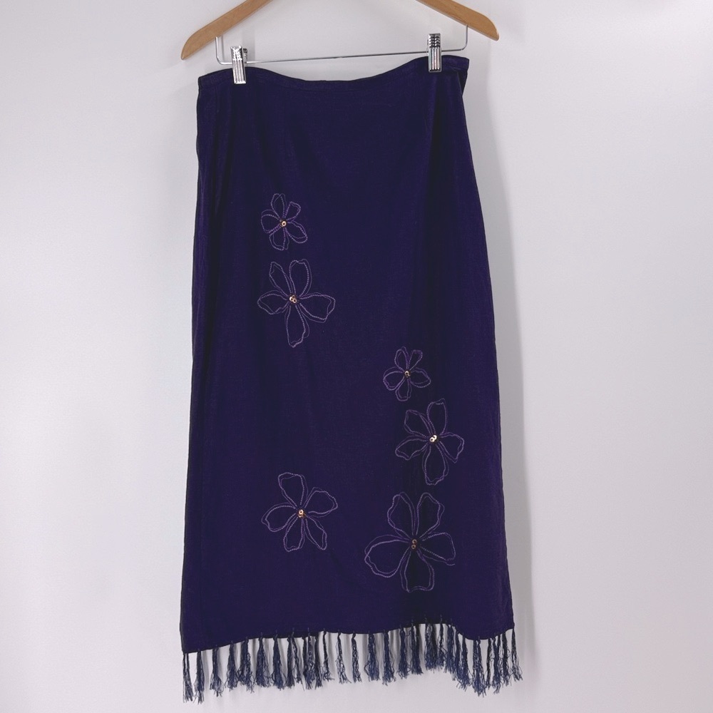 Linen blend fringe hem purple embroidered maxi skirt Boho festival artsy